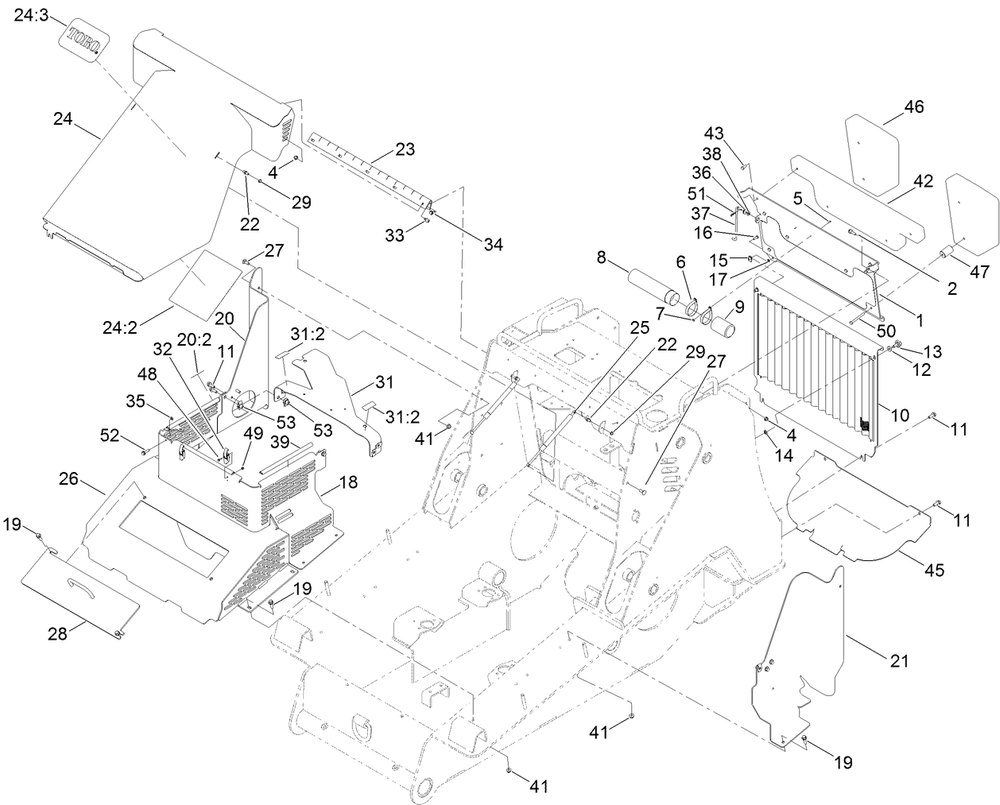 Hood And Access Panel Assembly Diagram and Parts List for 22530 414400000 - 999999999 Toro Lawn Tractor Accessories