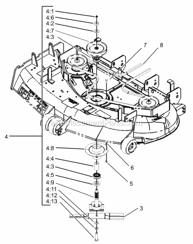 Deck Spindle Assembly Diagram and Parts List for 74199 230000001-230999999 Toro Lawn Mower