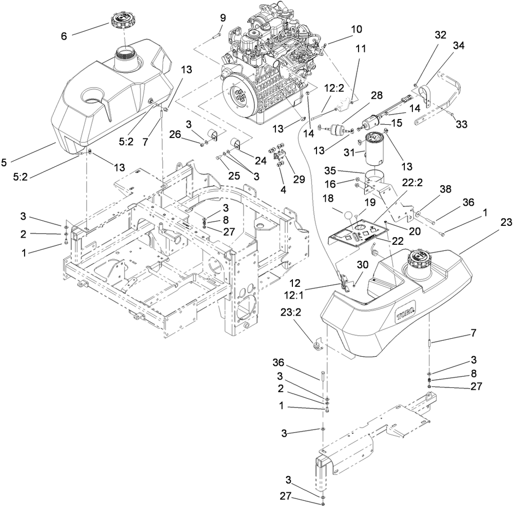 Fuel System And Throttle Control Assembly Diagram and Parts List for 74265TE (311000001-311999999)(2011) Toro Lawn Mower