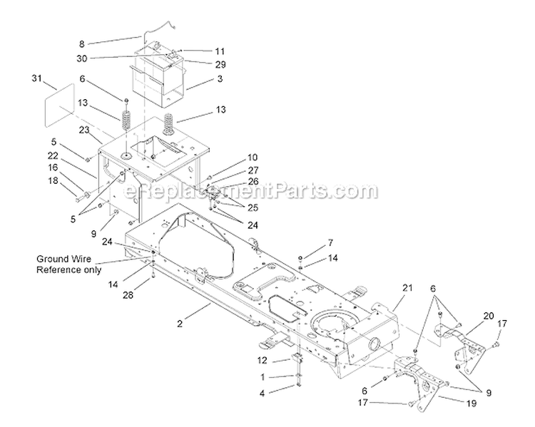 Frame  Battery Assembly Diagram and Parts List for 13AX60RG744  Toro Lawn Tractor