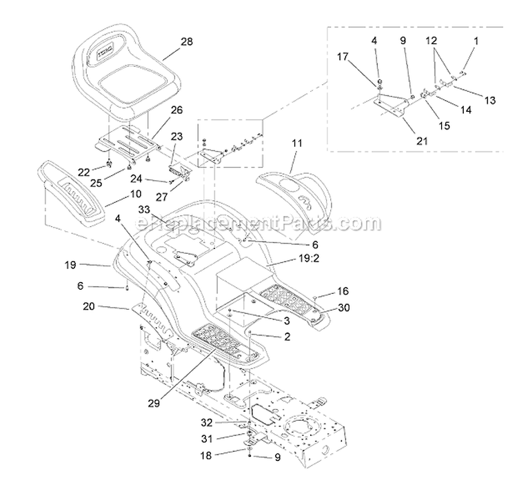 Seat  Fender Assembly Diagram and Parts List for 13AX60RG744  Toro Lawn Tractor