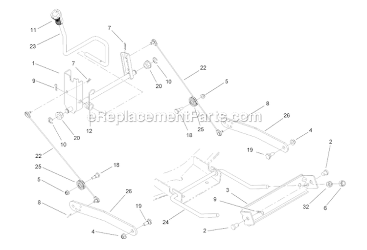 Deck Lift Arm Assembly Diagram and Parts List for 13AX60RH744  Toro Lawn Tractor