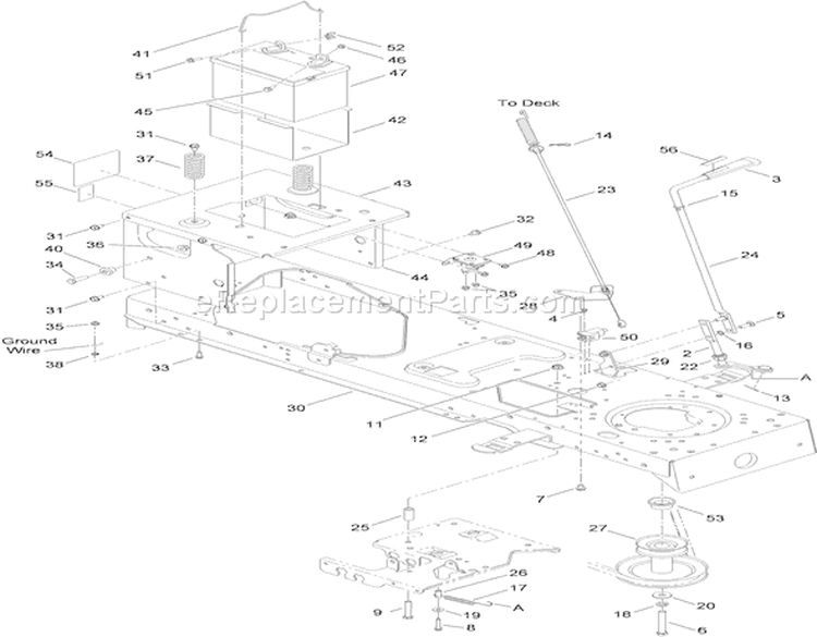 Frame, Battery and Manual PTO Assembly Diagram and Parts List for 13AX61RG848 1A019H10001-1A309H19999 - 2009 Toro Lawn Tractor