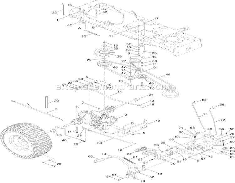 Transmission, Belt and Control Pedal Assembly Diagram and Parts List for 13AX61RG848 1A319H10001-1L319H19999 - 2009 Toro Lawn Tractor