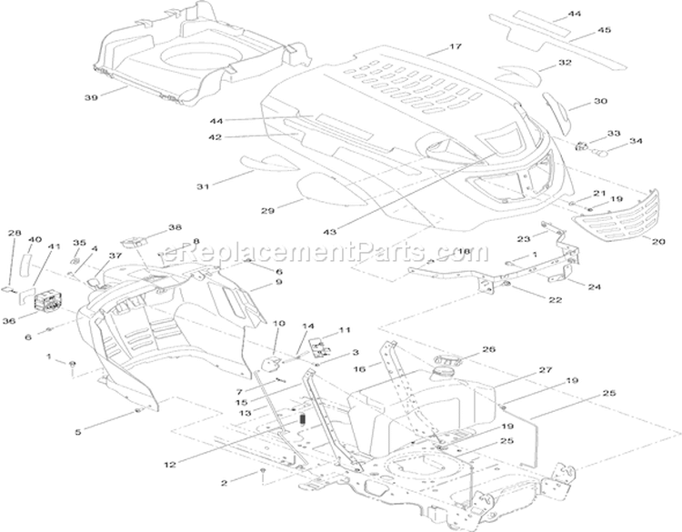 Fuel Tank, Hood and Dash Assembly Diagram and Parts List for 13AX91RS848 1-1 - 2010 Toro Lawn Tractor