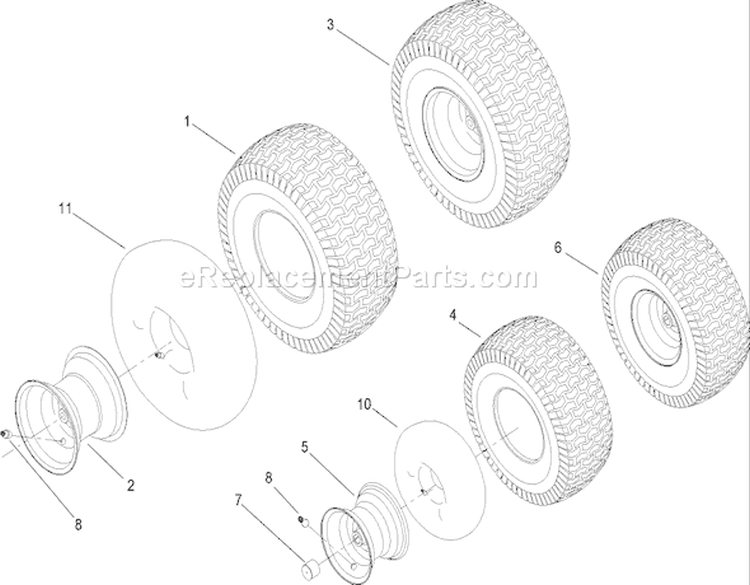 Front and Rear Wheel Assembly Diagram and Parts List for 13BX60RG748 1A087H10172-1E087H10250 - 2007 Toro Lawn Tractor
