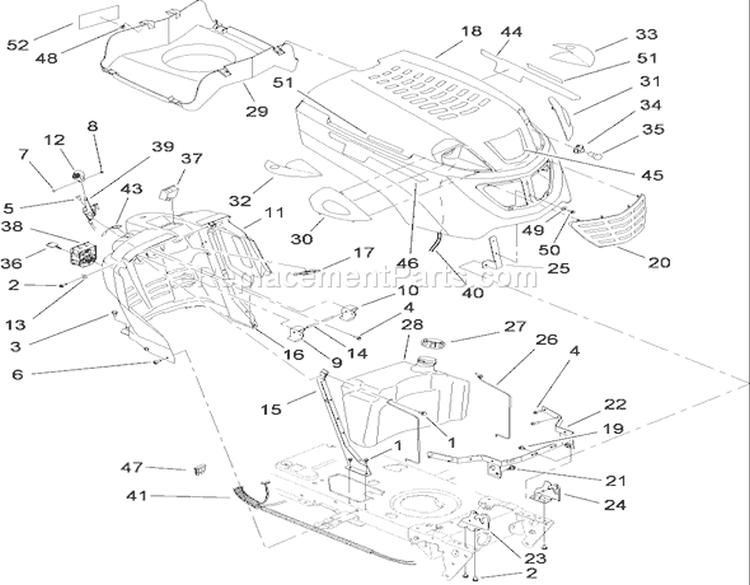 Fuel Tank and Hood Assembly Diagram and Parts List for 13BX60RG748 1A087H10172-1E087H10250 - 2007 Toro Lawn Tractor