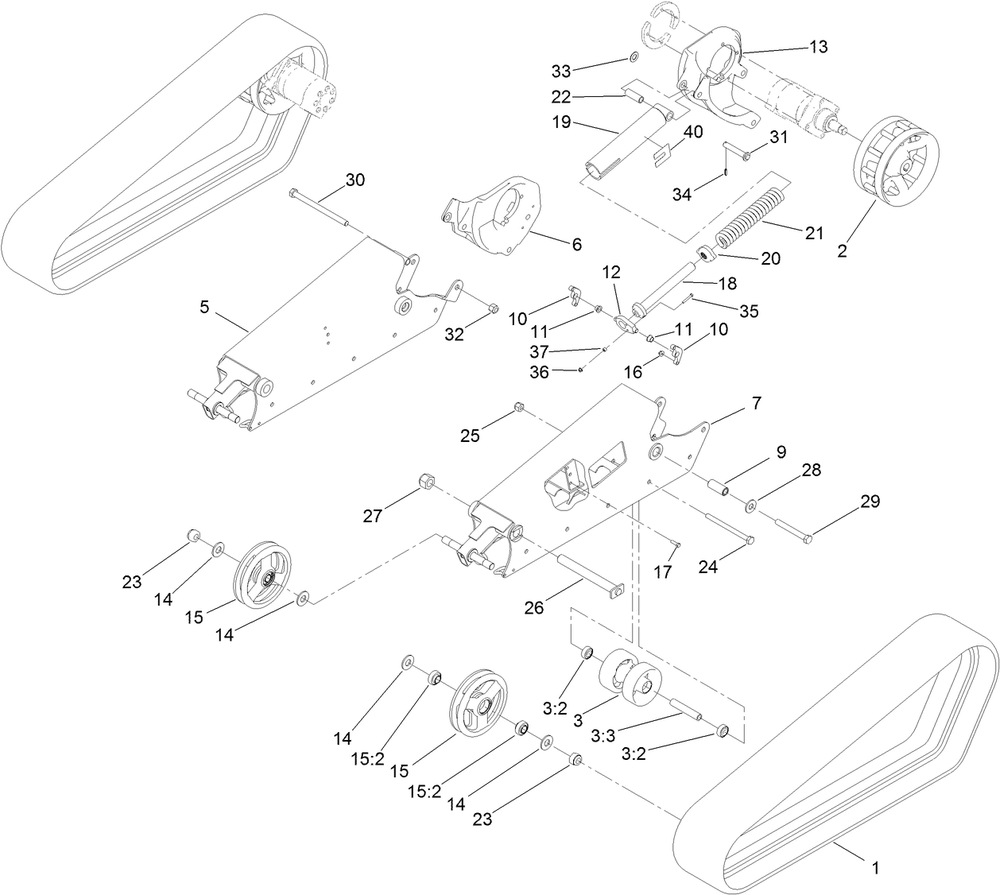 Track, Drive Wheel And Tensioner Assembly Diagram and Parts List for 22328HD 400414000 - 401321134 Toro Lawn Tractor Accessories