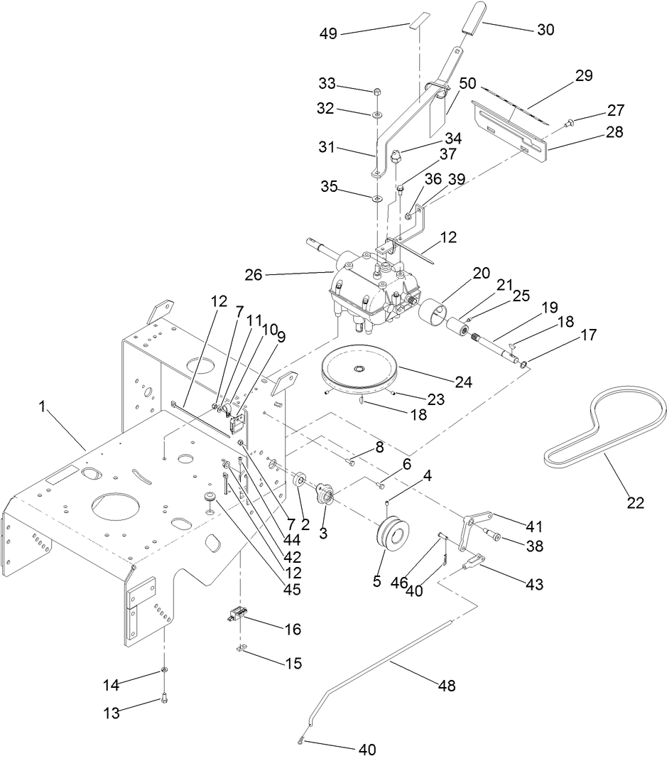 Frame And Transmission Assembly Diagram and Parts List for 39638 405700000-410299999 Toro Lawn Mower