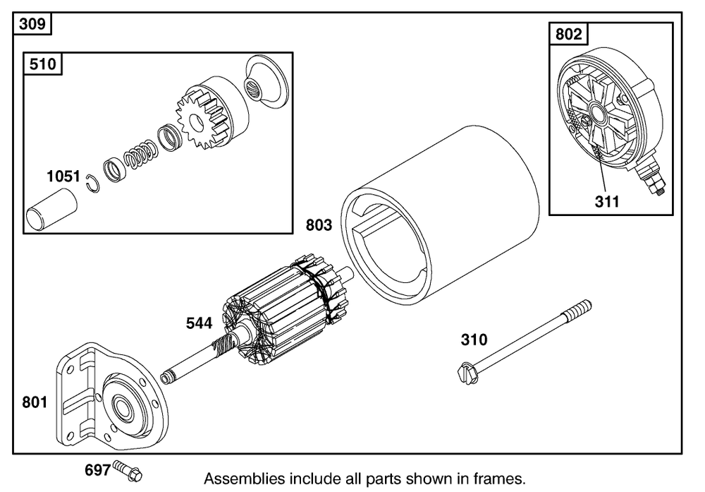 Starter Motor Assembly Diagram and Parts List for 12004 220000001 - 220999999 Toro Lawn Tractor