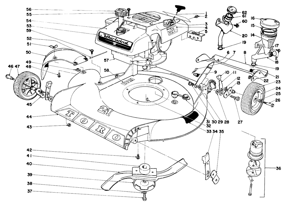 21" Whrilwind H.P.-Fingertip Start Diagram and Parts List for 19224 0000001 - 0999999 Toro Lawn Mower