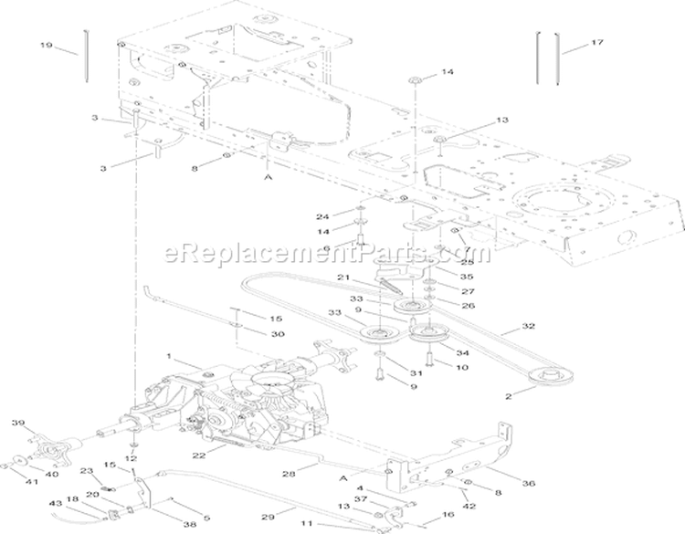 Transmission, Belt and Pulley Assembly Diagram and Parts List for 14AK81RK744 1A186H30000 - 2006 Toro Lawn Tractor
