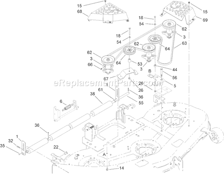 Deck Roller, Belt, Cover and Pulley Assembly Diagram and Parts List for 14AK81RK544 1A186H30000 - 2006 Toro Lawn Tractor