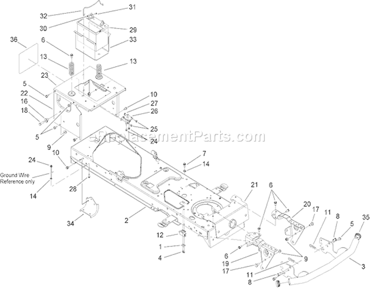 Frame and Battery Assembly Diagram and Parts List for 14AP80RP744 1A136H30000 - 2006 Toro Lawn Tractor