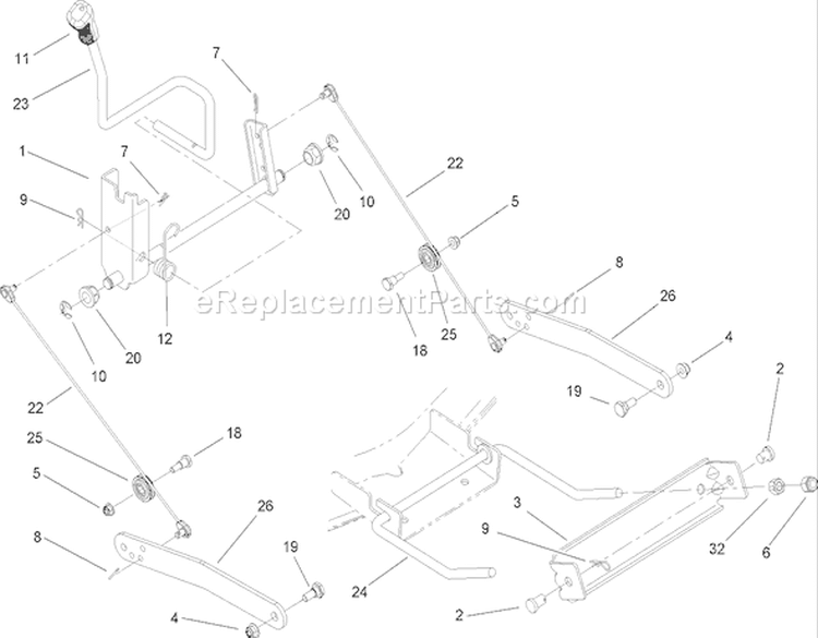 Deck Lift Arm Assembly Diagram and Parts List for 14AP80RP744 1A136H30000 - 2006 Toro Lawn Tractor