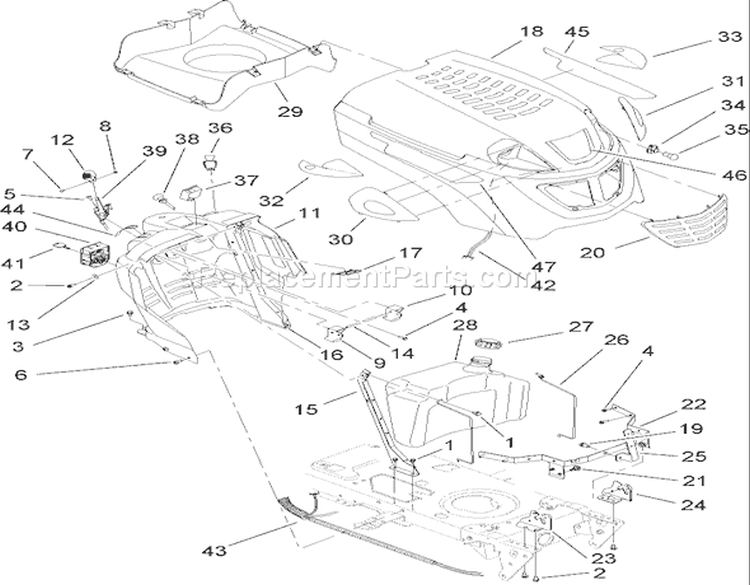 Fuel Tank and Hood Assembly Diagram and Parts List for 14AQ81RP544 1A136H30000 - 2006 Toro Lawn Tractor