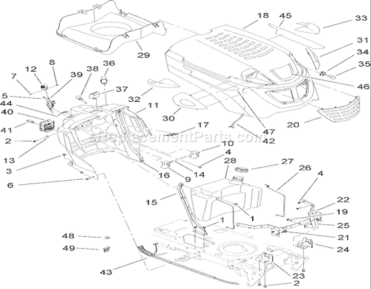 Fuel Tank and Hood Assembly Diagram and Parts List for 14AK81RK744 1A186H30000 - 2006 Toro Lawn Tractor
