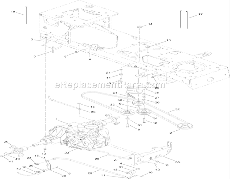 Transmission, Belt and Pulley Assembly Diagram and Parts List for 14AQ81RP544 1A136H30000 - 2006 Toro Lawn Tractor