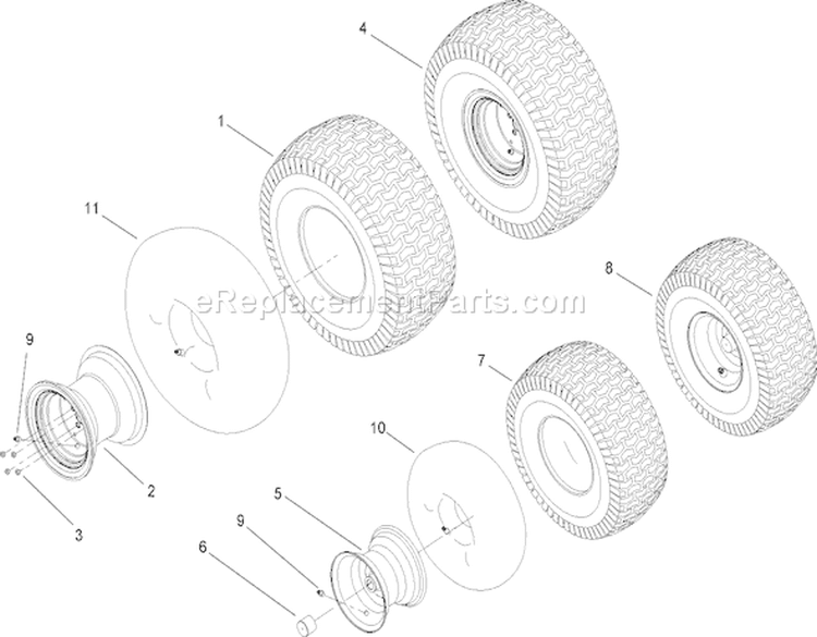 Front and Rear Wheel Assembly Diagram and Parts List for 14AQ81RP748 1B087H30130 - 2007 Toro Lawn Tractor