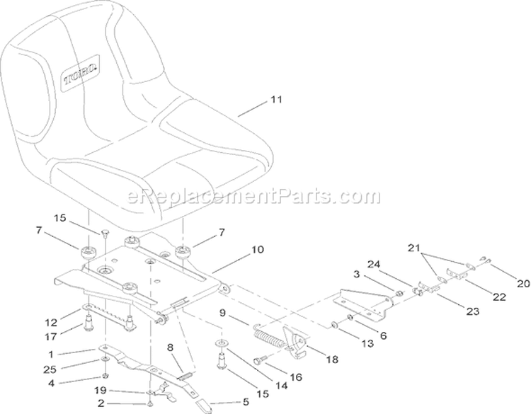 Seat Assembly Diagram and Parts List for 14AQ81RP748 1B087H30130 - 2007 Toro Lawn Tractor