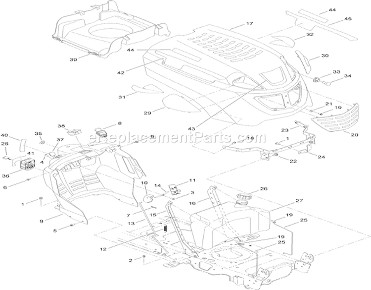 Fuel Tank, Hood and Dash Assembly Diagram and Parts List for 14AQ94RP848 1-1 - 2010 Toro Lawn Tractor