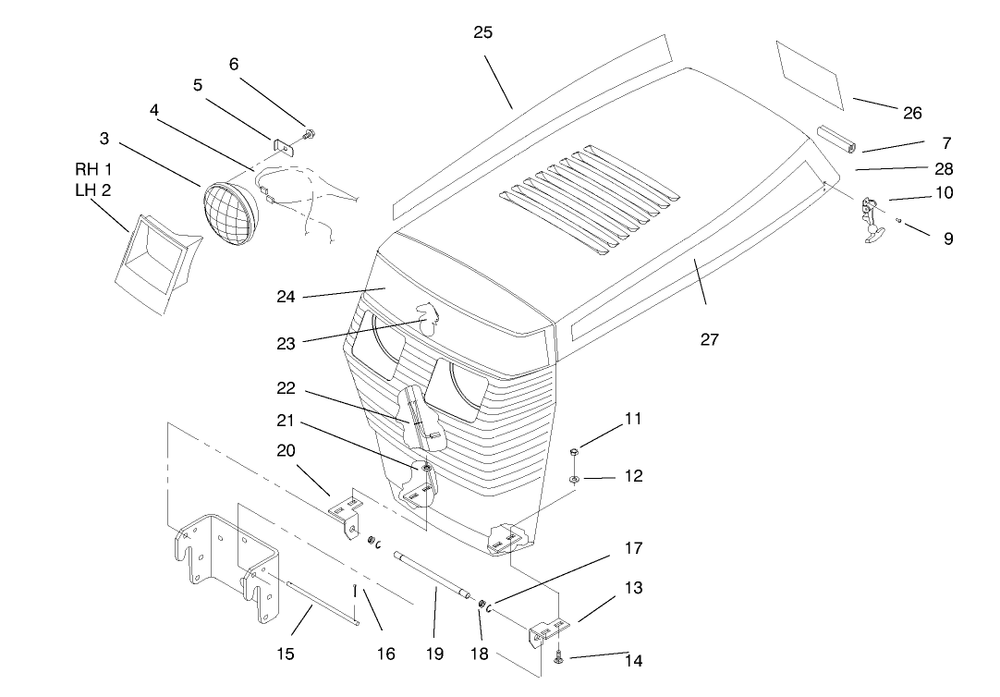 Hood Assembly Diagram and Parts List for 73441 7900001 - 7999999 Toro Lawn Tractor