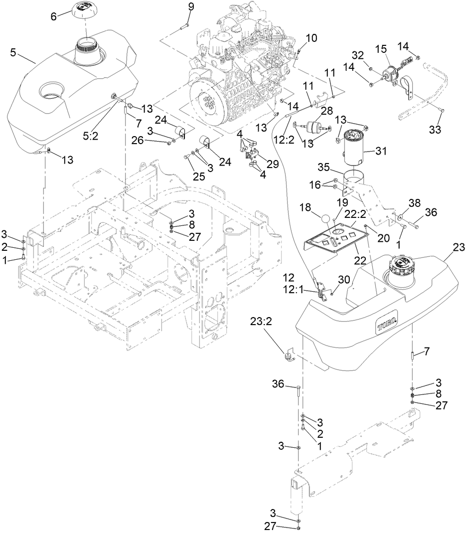 Fuel System And Throttle Control Assembly Diagram and Parts List for 72264TE 409547310 - 411699999 Toro Lawn Tractor