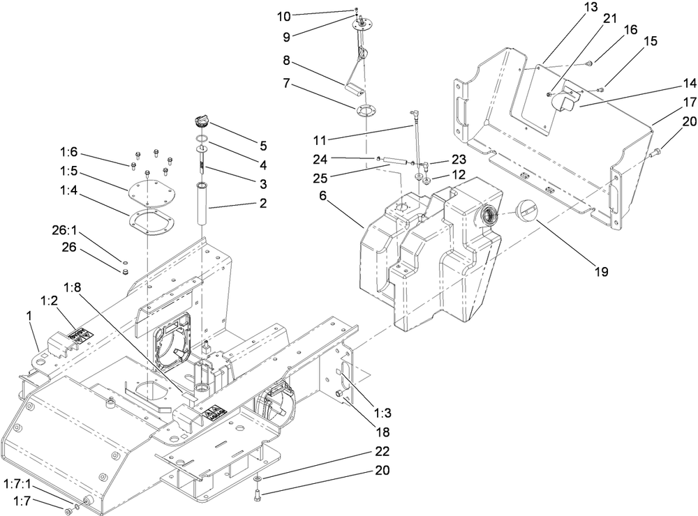 Main Frame And Fuel Tank Assembly Diagram and Parts List for 22323 400000000 - 401799999 Toro Lawn Tractor Accessories