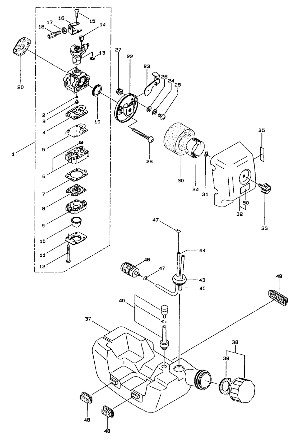 Carburetor And Fuel Assembly Diagram and Parts List for 53020 900001 - 999999 Toro Trimmer