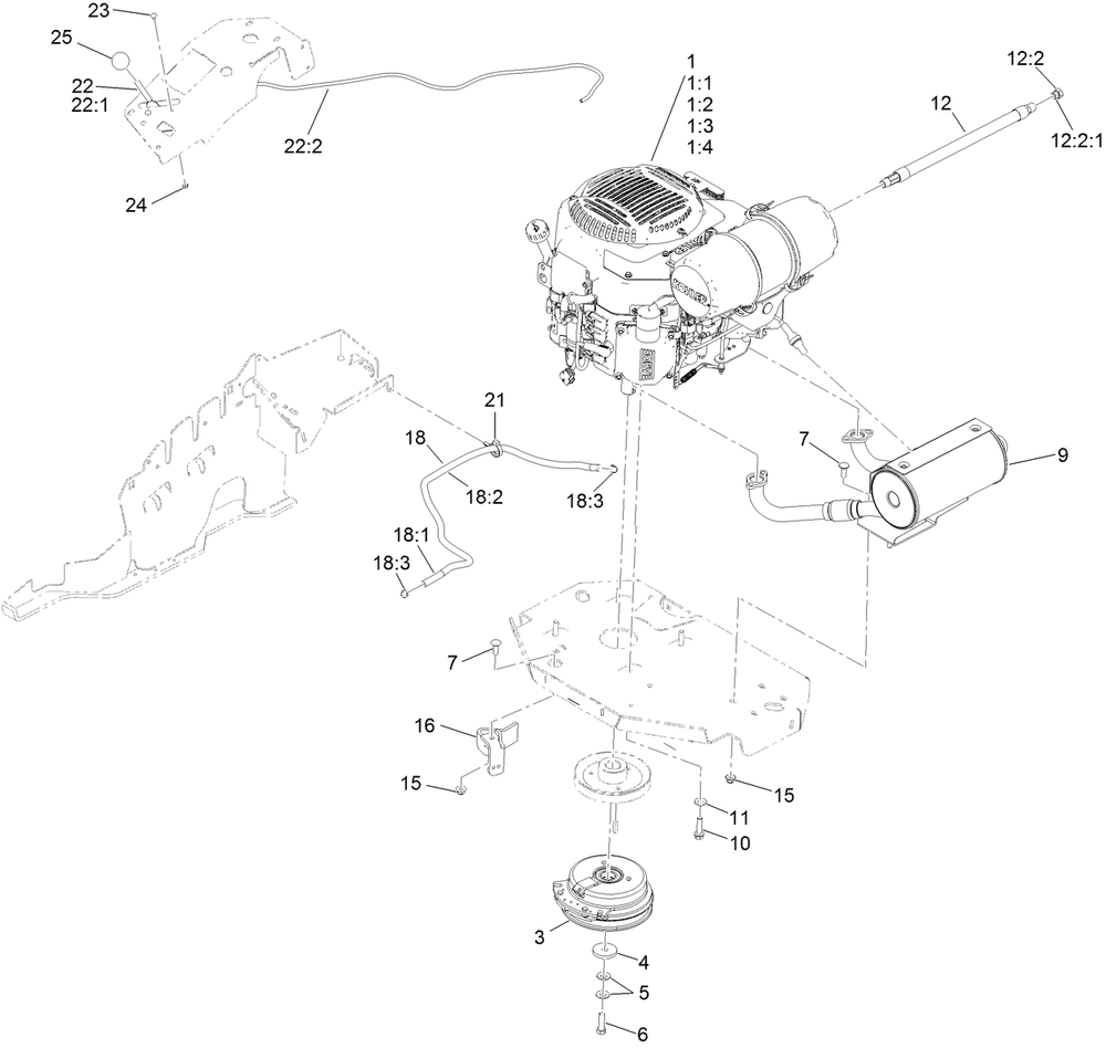 Engine, Clutch And Muffler Assembly Diagram and Parts List for 72906 412200000 - 999999999 Toro Lawn Tractor