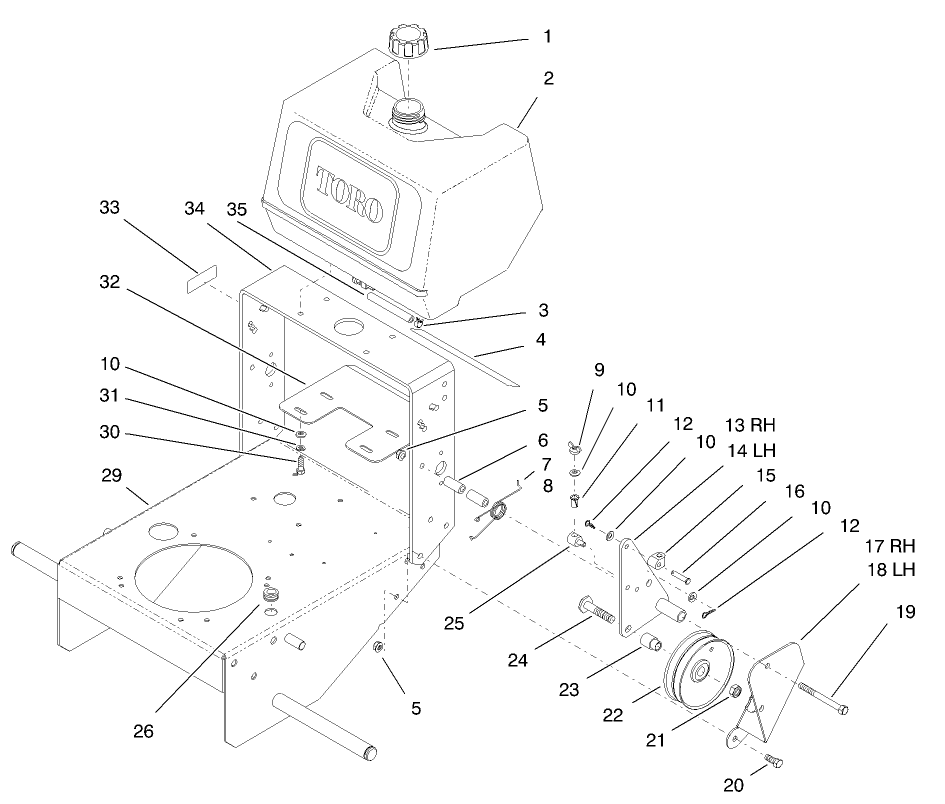 Fuel Tank & Idler Bracket Assembly Diagram and Parts List for 30182 890001 - 899999 Toro Lawn Tractor Accessories