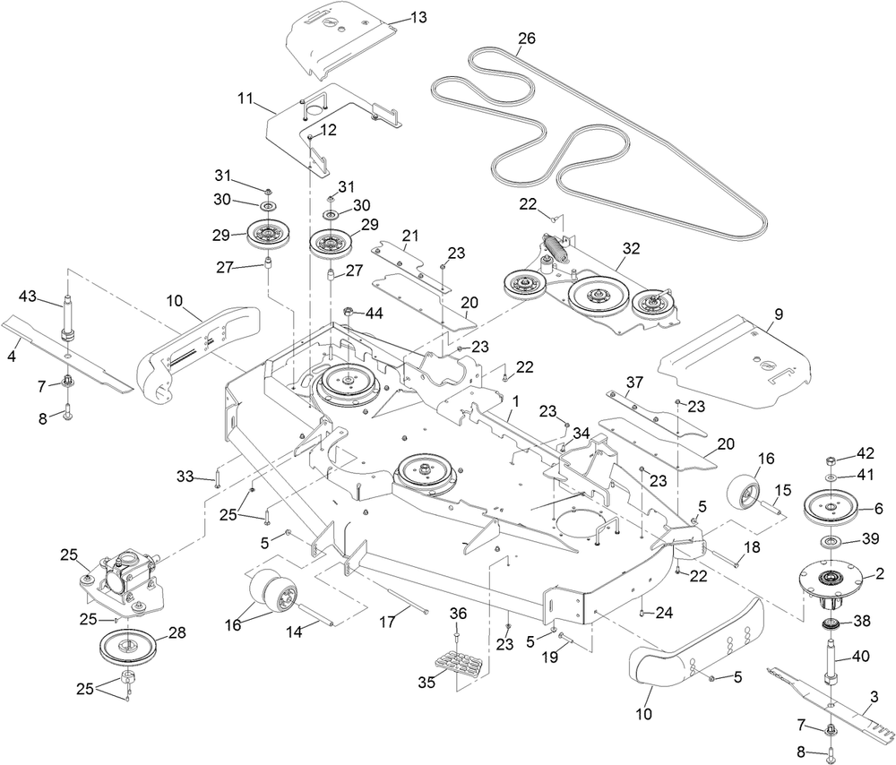 Deck Assembly Diagram and Parts List for 72074 414000000 - 999999999 Toro Lawn Tractor
