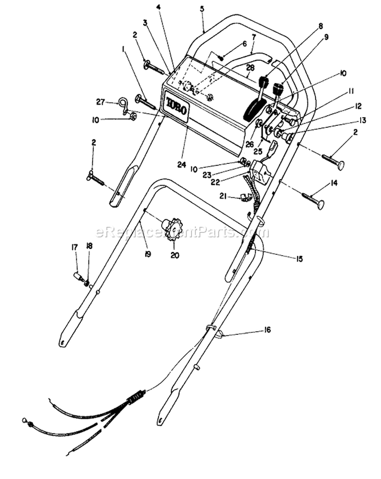 Handle Assembly Diagram and Parts List for 16212B 2000001-2999999 - 1992 Toro Lawn Mower