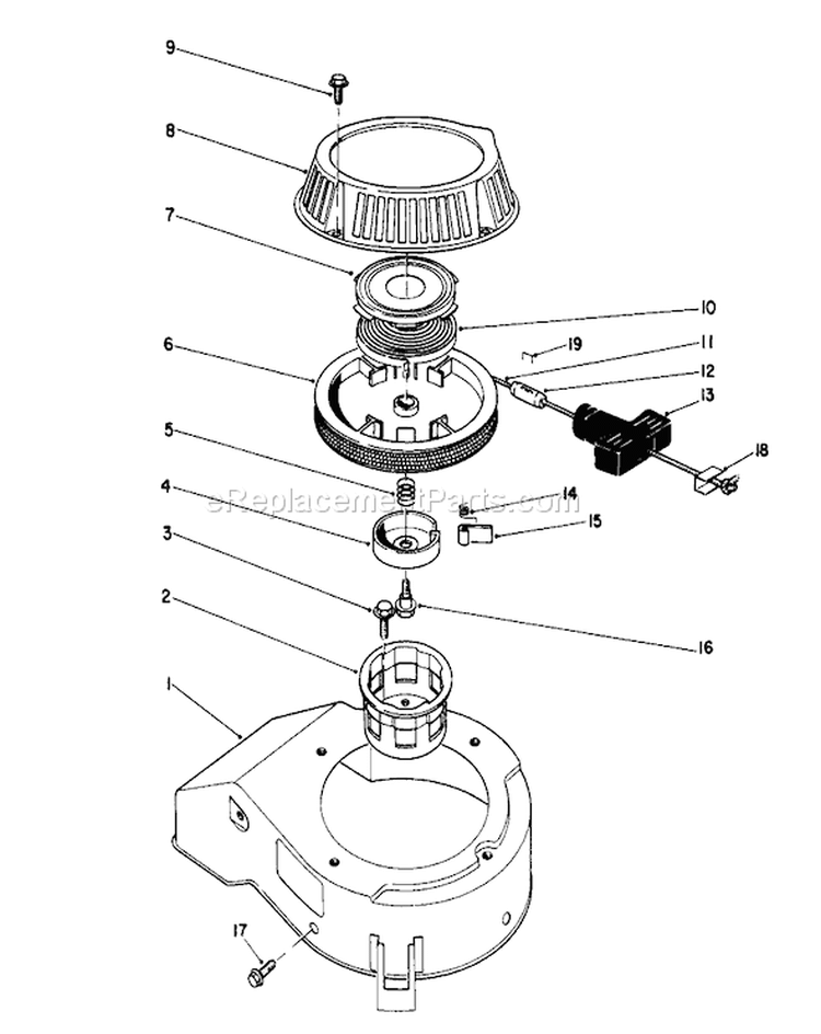 Recoil Assembly Diagram and Parts List for 16212WG 0000001-0999999 - 1990 Toro Lawn Mower