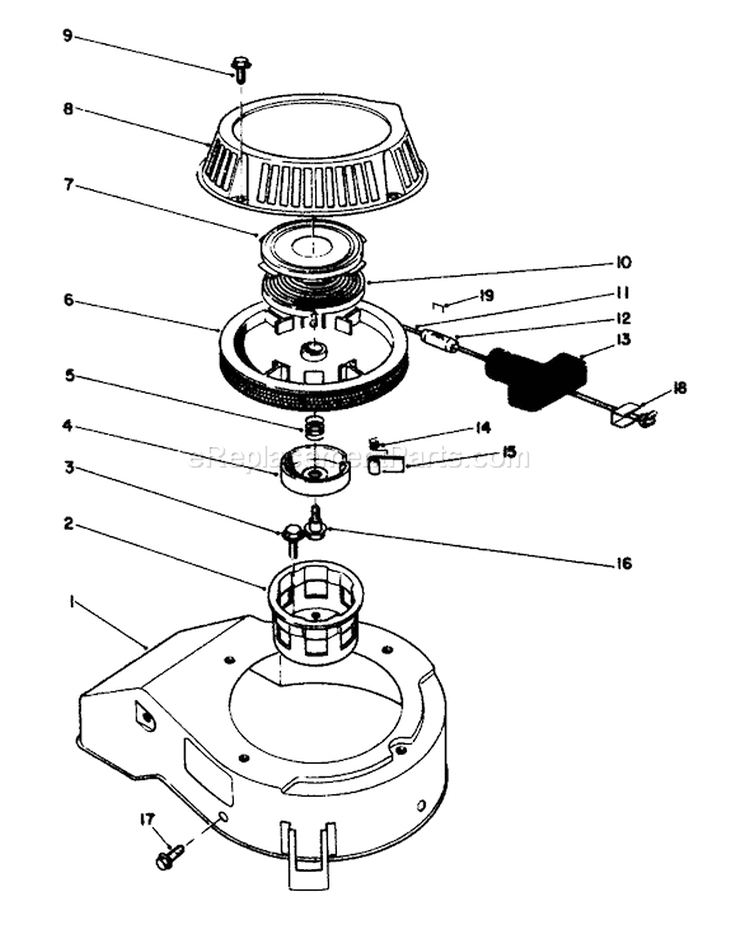 Recoil Assembly Diagram and Parts List for 16212 0000001-0999999 - 1990 Toro Lawn Mower