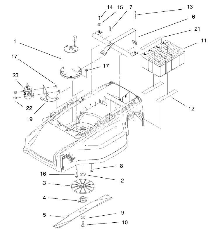 Motor, Batteries, And Blade Assembly Diagram and Parts List for 21043 8900001 - 8999999 Toro Lawn Mower