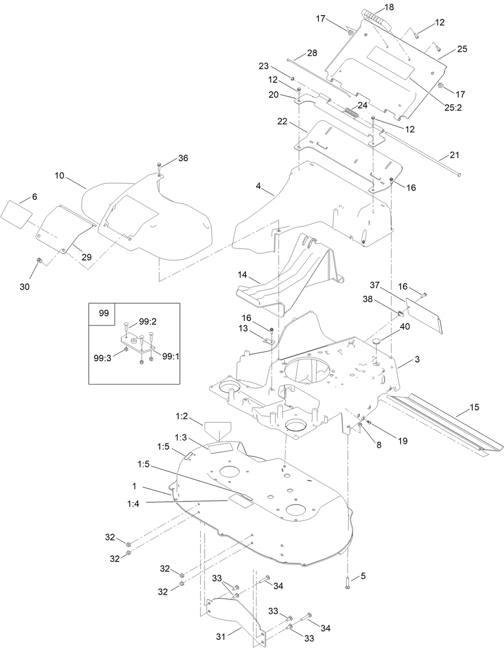 Deck, Frame And Chute Assembly Diagram and Parts List for 22207 410100000-999999999 Toro Lawn Mower