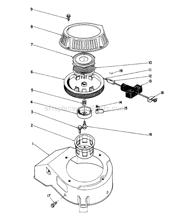 Recoil Assembly Diagram and Parts List for 16585C 9000001-9999999 - 1989 Toro Lawn Mower