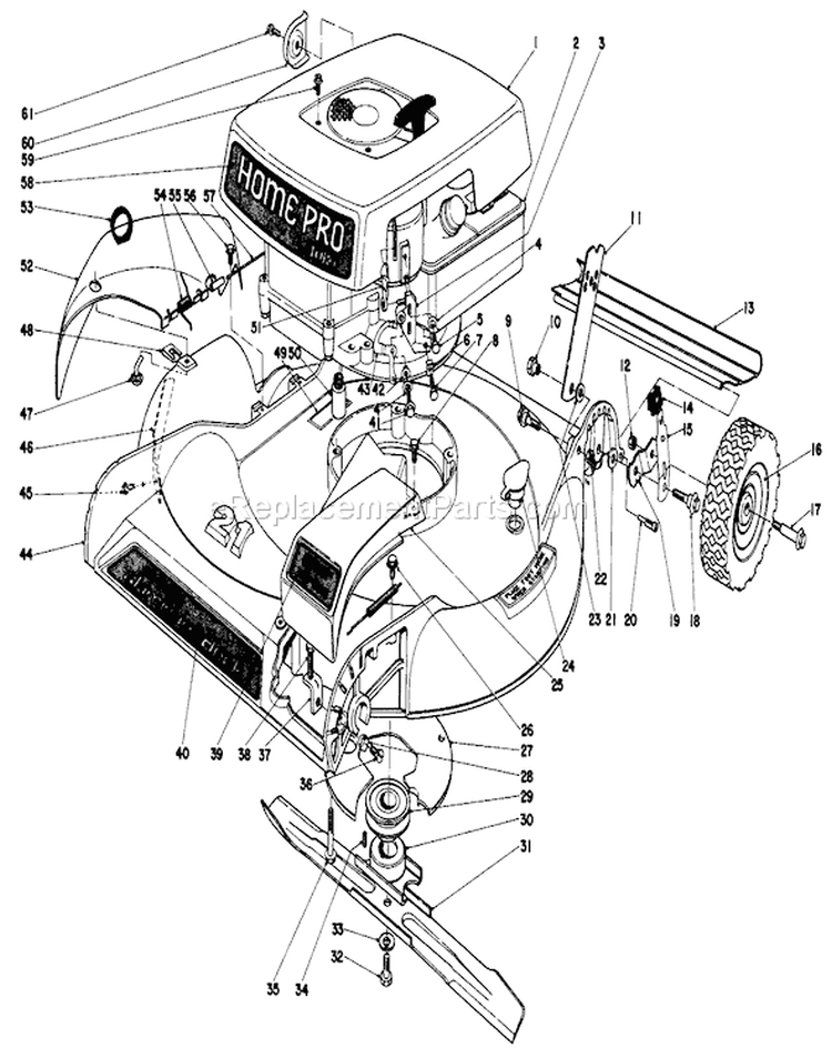 Housing And Engine Assembly Diagram and Parts List for 16655 7000001-7999999 - 1977 Toro Lawn Mower