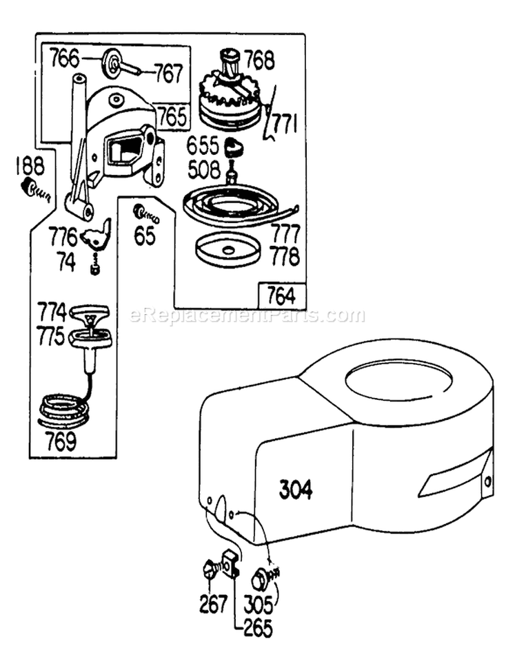 Starter and Shroud Diagram and Parts List for 16711 8000001-8999999 - 1978 Toro Lawn Mower