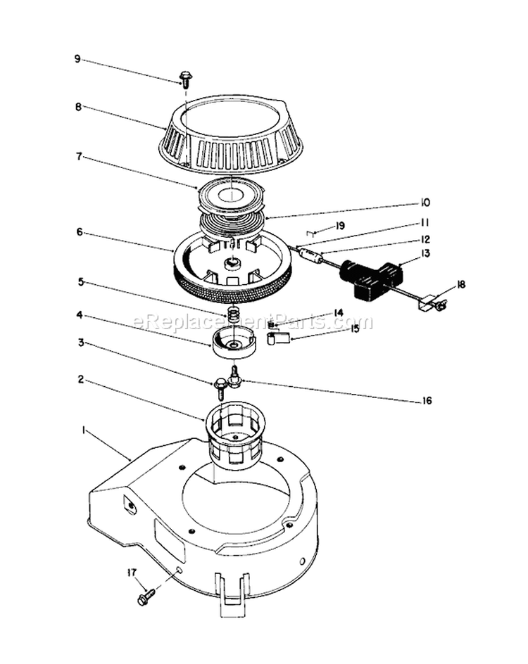 Recoil Assembly Diagram and Parts List for 16785 0000001-0999999 - 1990 Toro Lawn Mower