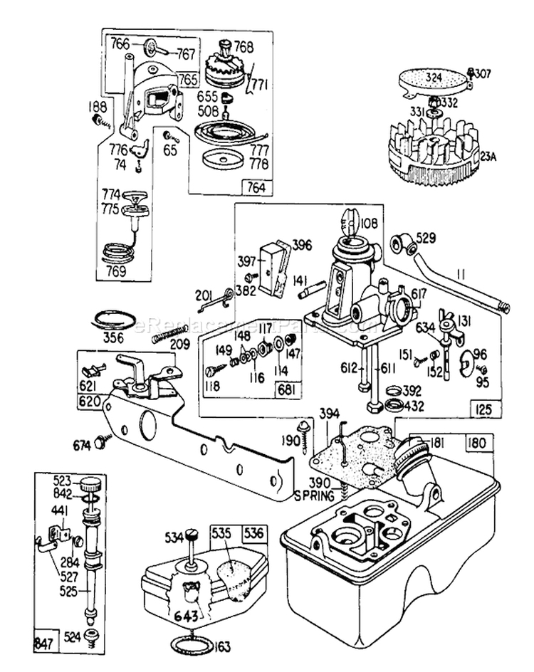 Carburetor and Rewind Starter Diagram and Parts List for 16800 9000001-9999999 - 1979 Toro Lawn Mower