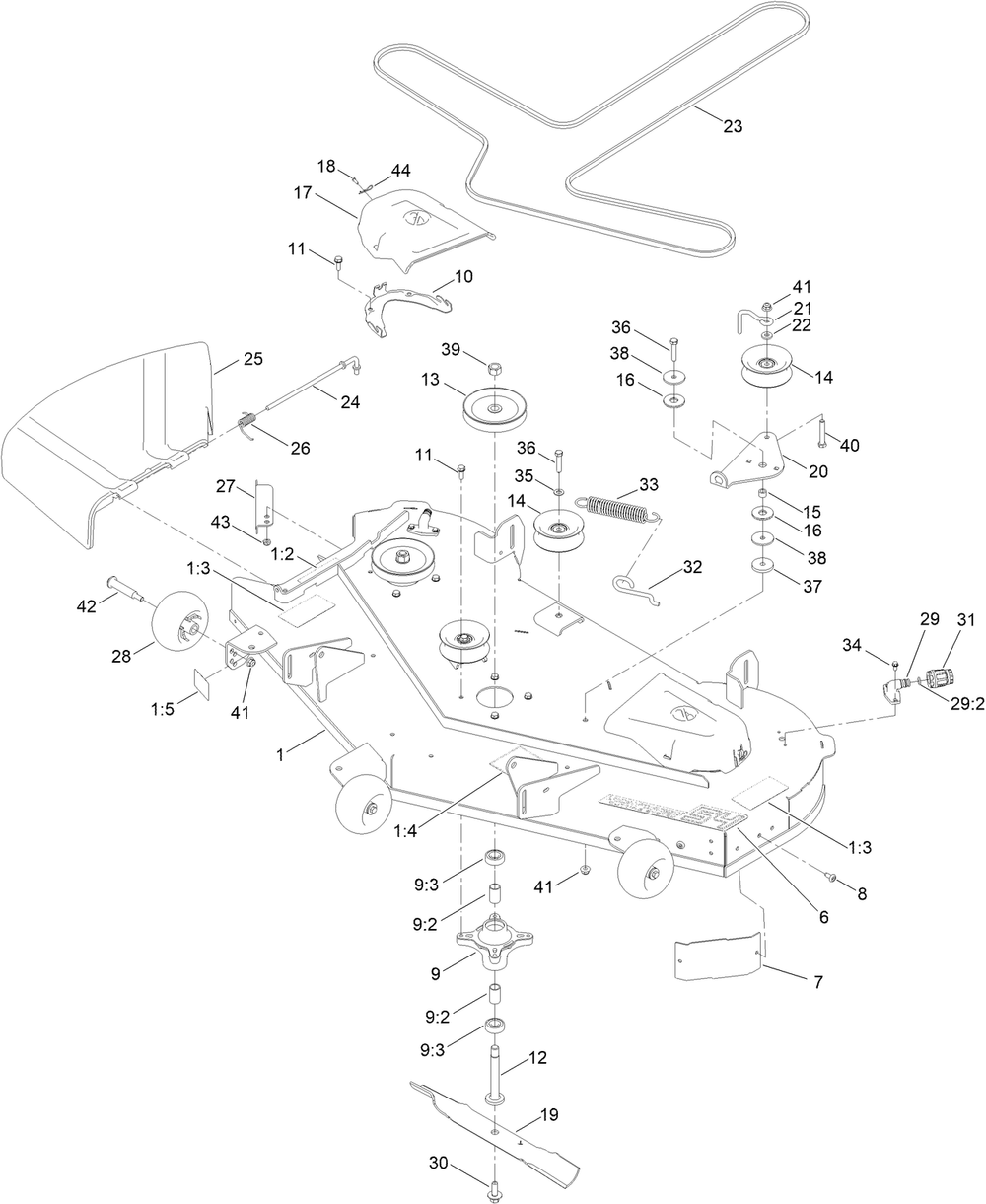 54 Inch Deck And Decal Assembly Diagram and Parts List for 77507 400000000 - 415499999 Toro Lawn Tractor