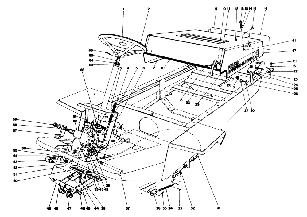 Pedals, Hood And Steering Wheel Assembly Diagram and Parts List for 30550 80000001 - 89999999 Toro Lawn Tractor