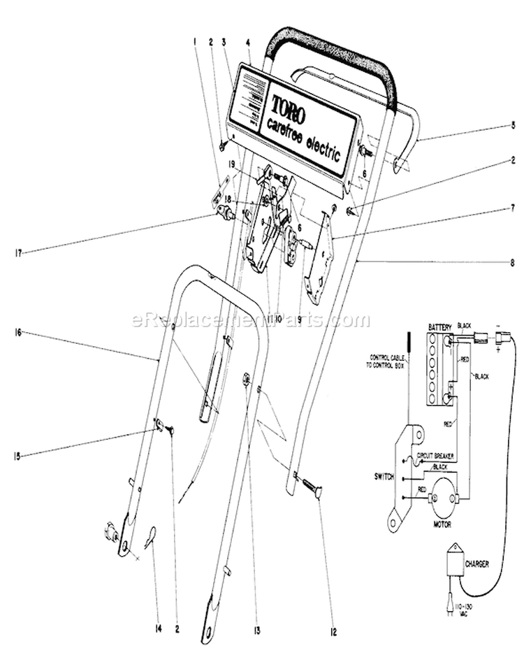 Handle Assembly Diagram and Parts List for 17005 6000001-6999999 - 1976 Toro Lawn Mower