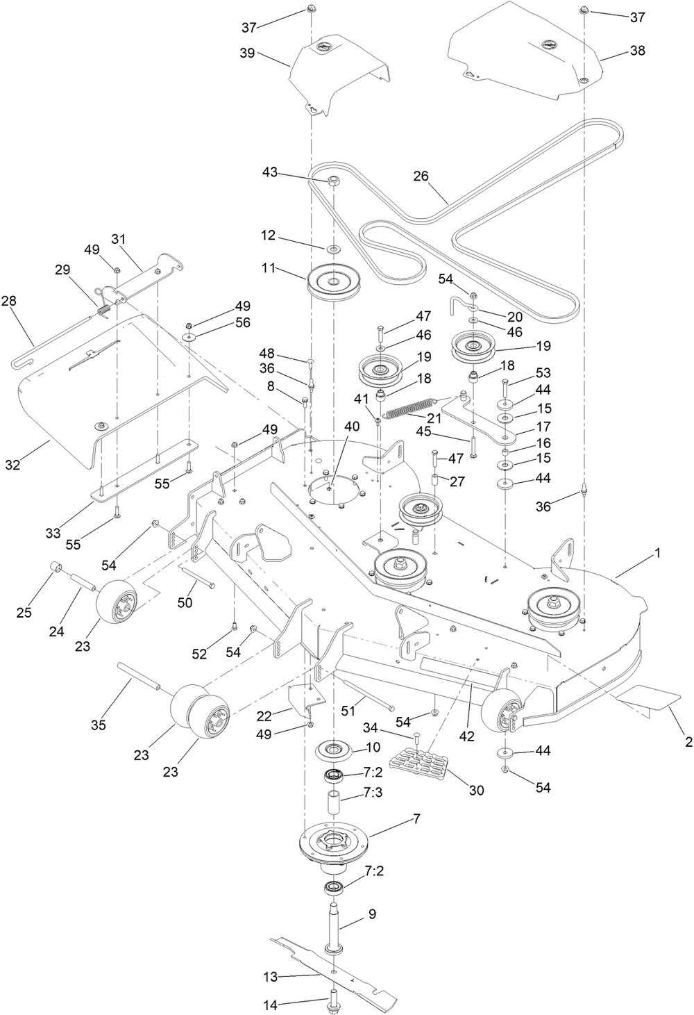 Deck Assembly Diagram and Parts List for 76501 400000000 - 415399999 Toro Lawn Tractor