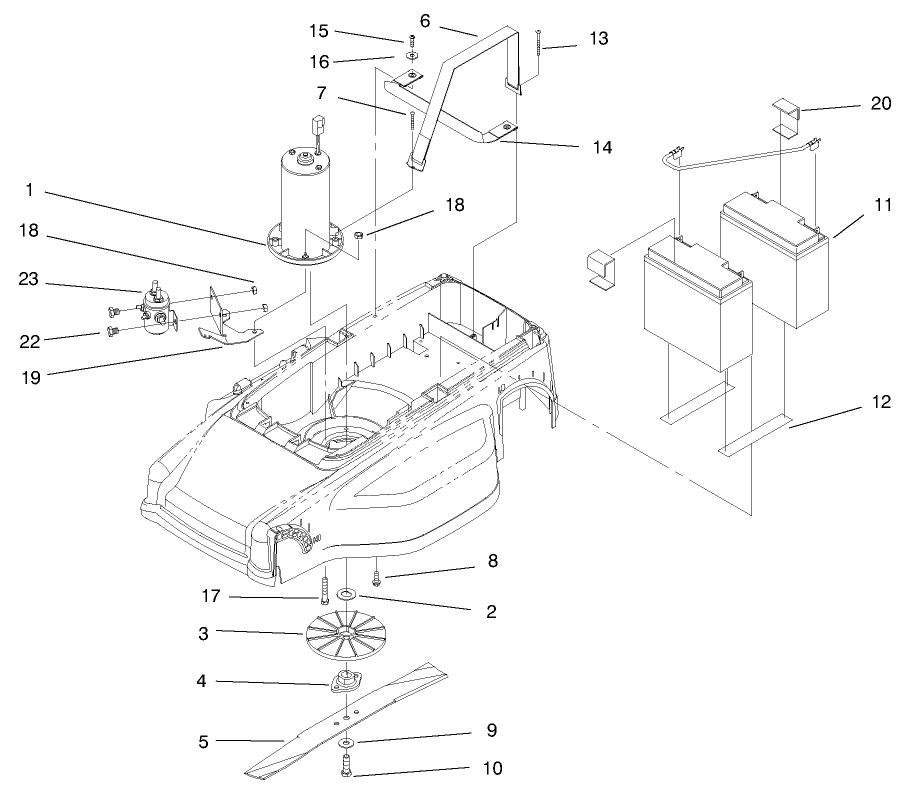 Motor, Batteries And Blade Assembly Diagram and Parts List for 20647 7900001 - 7999999 Toro Lawn Tractor Accessories