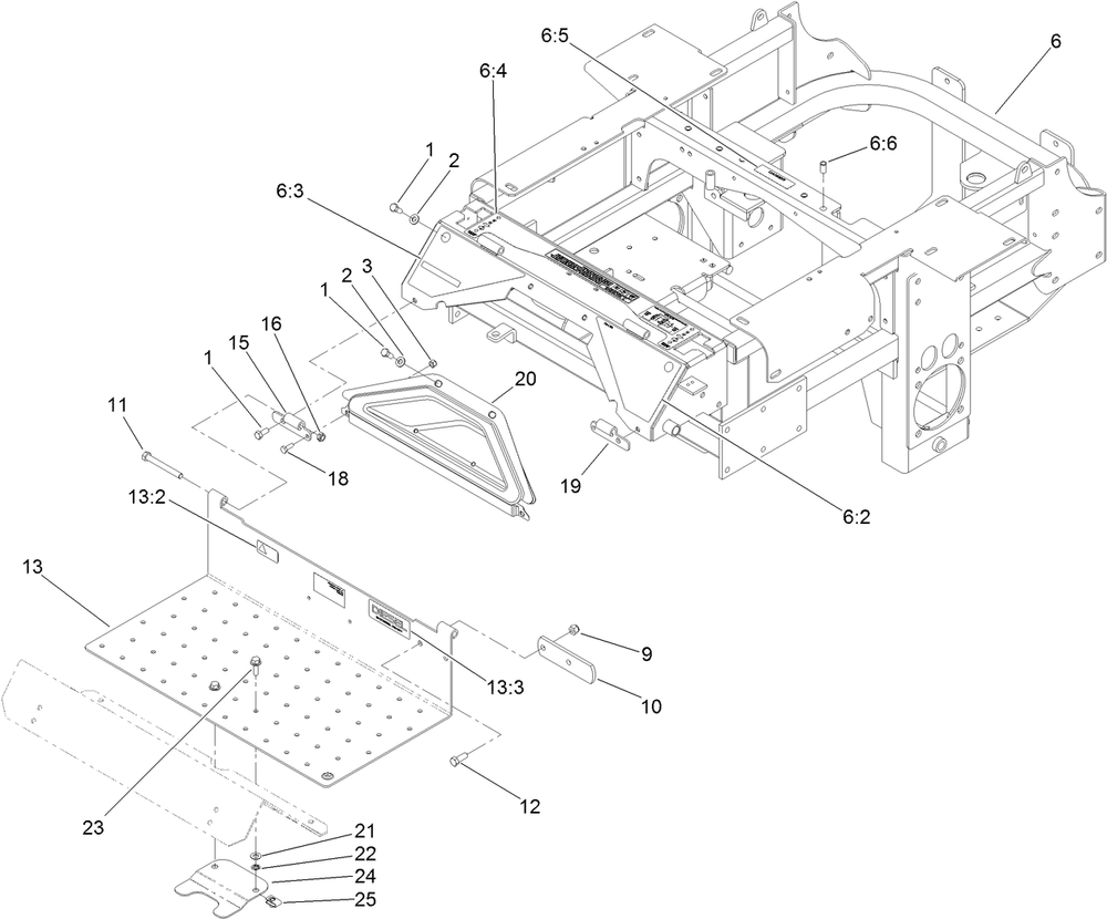 Traction Frame And Floor Pan Assembly Diagram and Parts List for 74264TE (312000001-312299999)(2012) Toro Lawn Mower