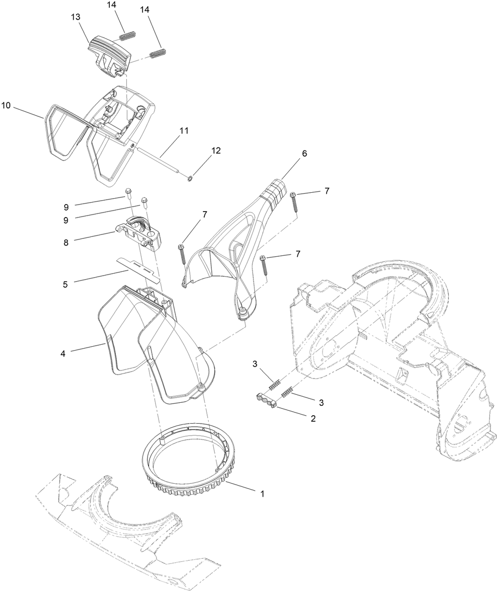 Chute Assembly Diagram and Parts List for 38474 400000000 - 412699999 Toro Snow Blower