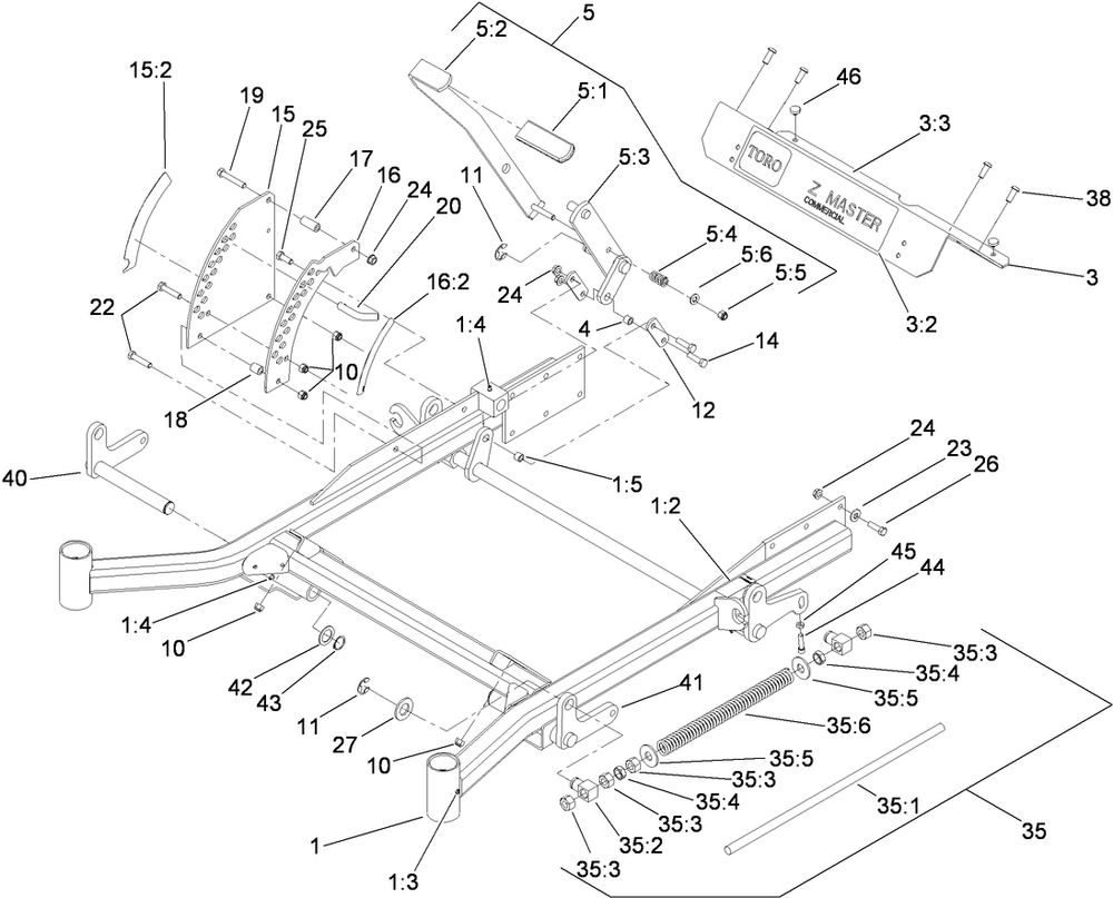 Front Frame Assembly Diagram and Parts List for 74291 (290000001-290999999)(2009) Toro Lawn Mower